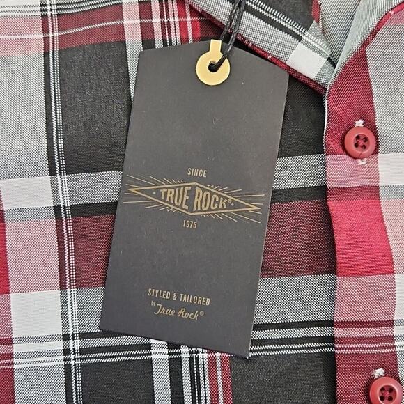 True Rock Shirt Men's 3XL Black Red Plaid Short Sleeve Button Up Pocket Y2K NWT - Picture 5 of 16